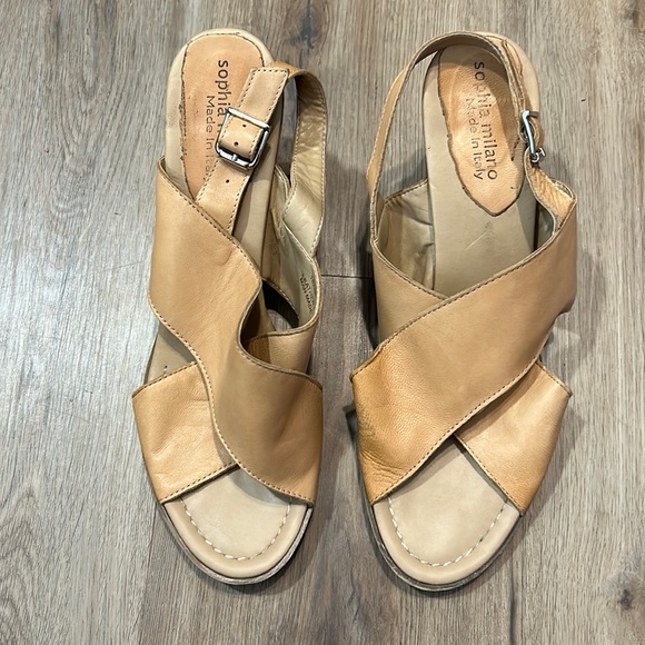 Sophia Milano Camel tan nude leather block open toe heels with adjustable strap - Picture 3 of 9